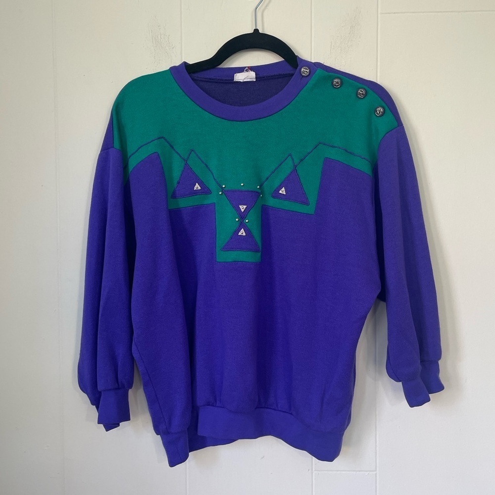 Vintage 80s 90s Purple Green 3/4 Sleeve Crop Sweater ~ Made In USA ~ Size S(4-6)